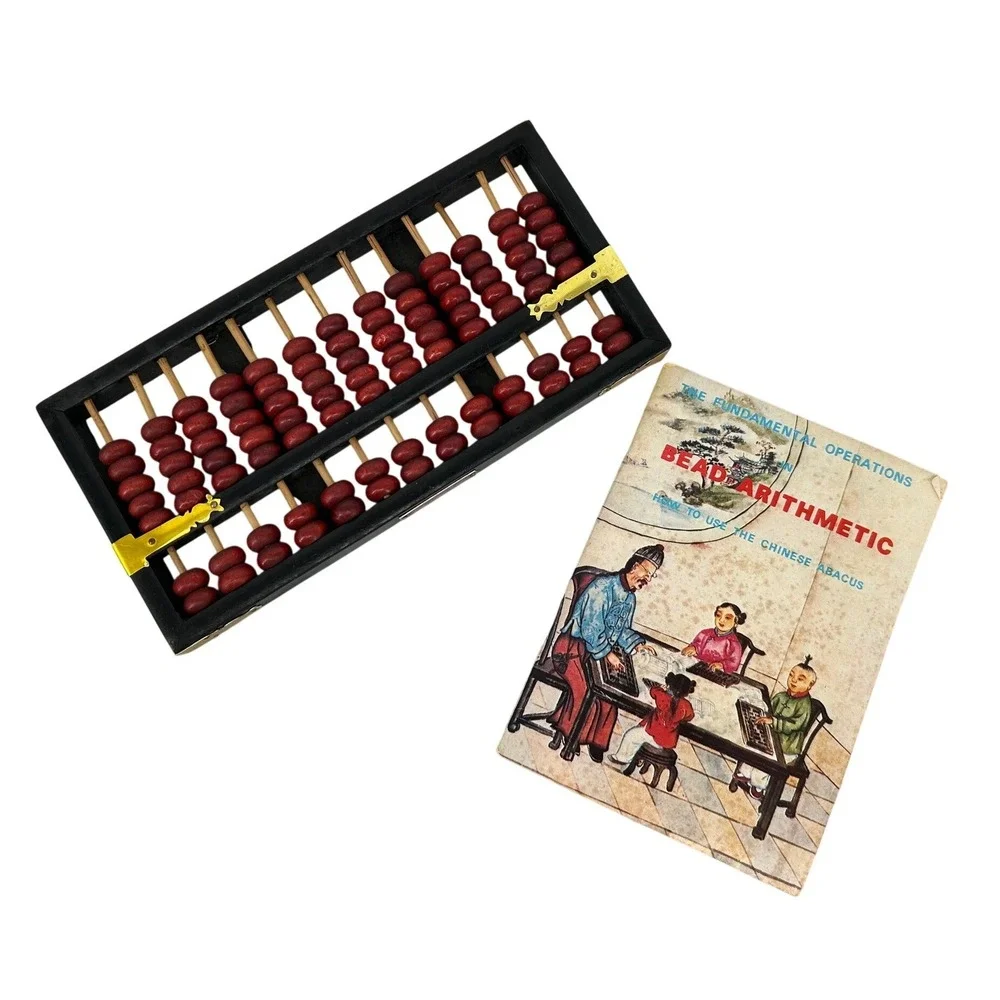 Vintage Chinese Abacus Bead Arithmetic Instructional Booklet & Counting Tool Set